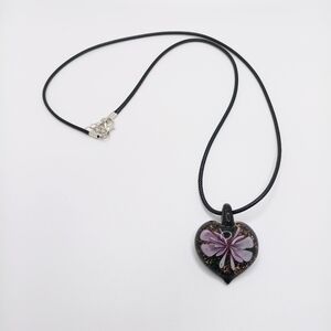 Elegant Purple Orchid Glass Heart Pendant Necklace